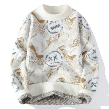 Autumn Winter Graffiti Men's New Sweater 2025 High Quality Men's Brand Hoodie Warm Knitted Tops High Street Trendy Bottom Shirt