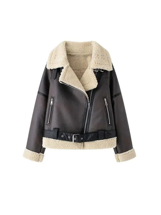 Women's Thick Warm Suede Jacket with Belt, Long Sleeve Coats, Faux Shearing, Female Outerwear, Chic Tops, Winter Fashion