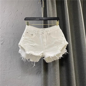 Nuovi Shorts Estivi da Donna 2026 in Denim Bianco, Stile A-Line Strappato a Gamba Larga, Hot Pants Casual alla Moda Streetwear per Ragazze