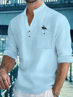 Camicie leggere da uomo Camicie in lino di cotone Henley a maniche lunghe per uomo Beach Hawaiian Top con scollo a V Polo traspirante