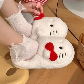 Hello Kitty Women Cute Cartoon Cat Plush Slippe Polka Dot Bow Fluffy Closed Back House Shoes Winter Warm Non Slip Soft Cozy