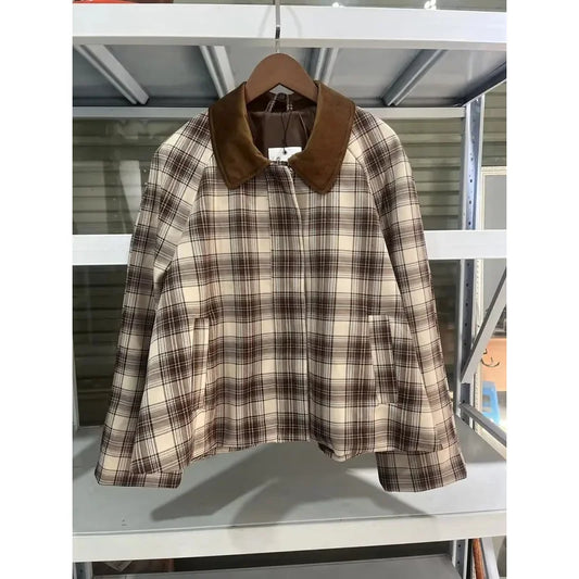 2025 Spring New Jacket French Romantic Women's Retro Plaid Cape Long Sleeve Cotton POLO Collar Jacket