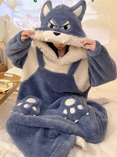 Coral Fleece Cartoon Wolf Jumpsuit Pajamas Women Winter Thick Warm Hooded Cute Loose Homewear Sleepwear Cosplay Onesies Kigurumi