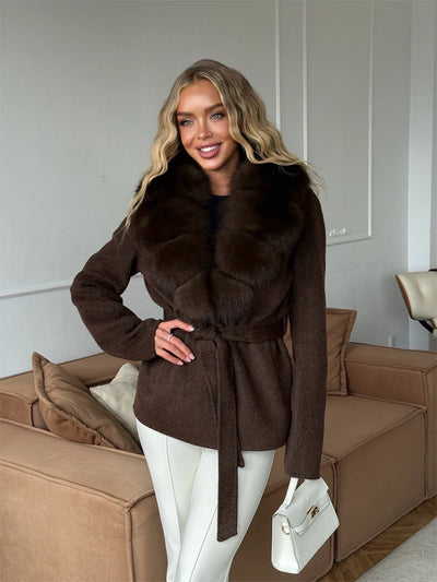 Solid Color Big Fur Collar Tied Woolen Jacket Fashion Waist Cinching Long Sleeved Short Coat 2026 Autumn Street Daily Clothing