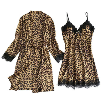 Set chemise di lusso in raso e pizzo con stampa leopardata - Indumenti da notte sexy in due pezzi con vestaglia abbinata