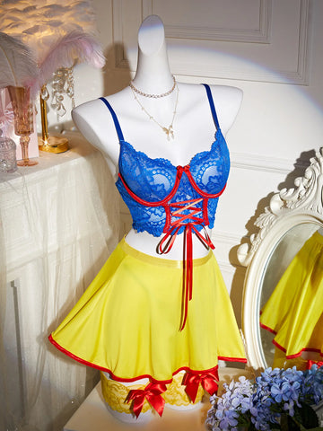 Ellolace Halloween Women's Lingerie Sets Snow White Princess Cosplay Bra Thong Skirt 3PC Leg Circles Dopamine Roleplay Costume