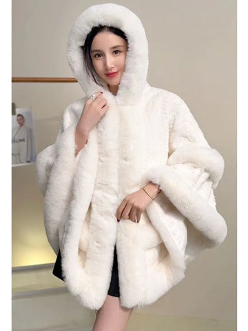 ZADORIN Luxury Thick Warm Hooded White Faux Fur Coat Woman Winter Clothes Fur Cape Mid Long Fur Shawl Cardigan Cloak Outerwears