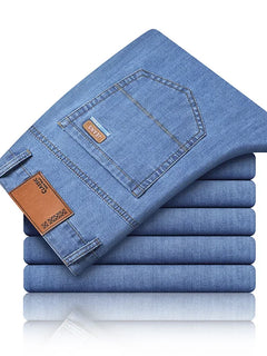 New Ice Silk Thin Denim Jeans for Men Blue Straight Stretch Cotton Denim Pant Business Casual Lightweight Trousers Spring Summer