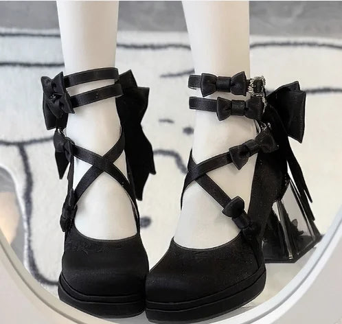 Silk Belt Buckle Round Toe Butterfly-Knot Women Pumps Shoes Chunky Rose Flower High Heels Buckle Strap Design Merry Jane Shoes