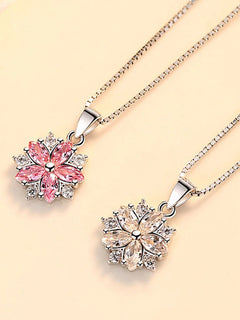 925 Sterling Silver Pink Crystal Flower Pendant Chain Necklace For Women Elegant Luxury Quality Jewe