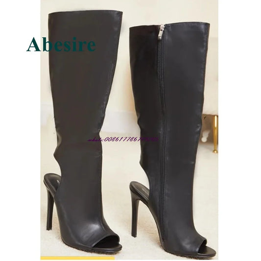Peep Toe Knee High Sandal Boots Open Heel Stiletto Heel High Heel Women Shoes In Autumn Side Zipper Leather Fashion Boot