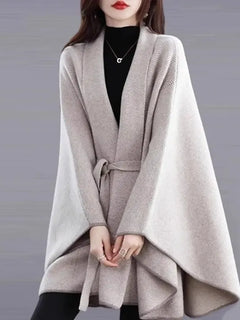 Cloak Shawl Jacket 2026 New Spring And Autumn Sweater Herringbone Lace-Up Loose Knitted Sweater Thickened Cardigan Beige Jackjet