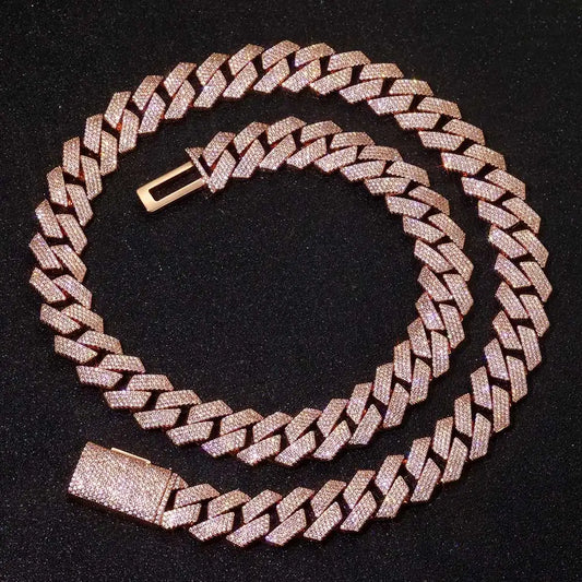 Bracciale cubano placcato oro rosa da donna da 15 mm Collana da uomo Miami in ottone con zirconi cubici brillanti hip-hop congelati