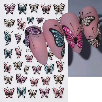 Glitter Butterfly Nail Stickers Decals Charm 3D Shiny Blue Pink Design Self Adhesive Sliders Nail Art Foils Manicure Decorations