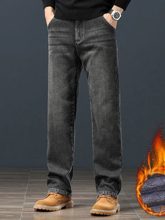 Winter Fleece Classic Loose Straight Men Jeans Warm Thicken Trousers Business Casual Velvet Elastic Denim Pants Plus Size 42 44