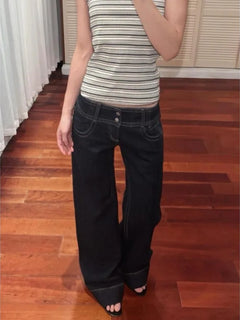 Jeans a gamba larga americani retrò a vita bassa da donna estate autunno pantaloni larghi drappeggiati alti lunghezza estesa pantaloni a gamba larga per ragazze calde