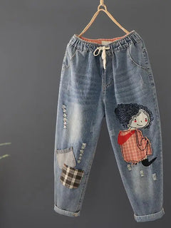 Primavera nuova corea moda Patch disegni cartone animato ricamo Jeans larghi da donna vita elastica pantaloni Casual in Denim di cotone Harem V987
