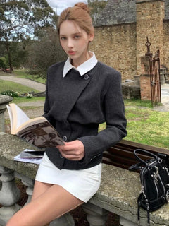 French Fashion And Elegance Faux Two-piece Lapel Jacket A Versatile Autumn Design With A Cinched Waist And A Short Top