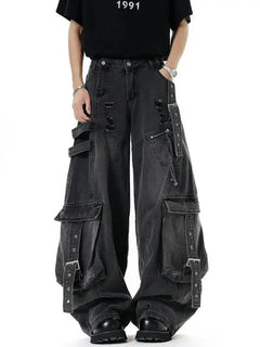 IEFB Jeans da uomo stile americano tinta unita multi tasche pantaloni casual usurati decostruzione pantaloni in denim a gamba larga 9W4066