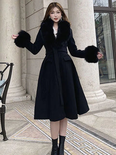 Women Fashion Long Luxury Overcoat Female Winter Coats Fur Collar Warm Elegant Thicken Solid Colo Woolen Jackets Abrigos Mujer