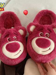 Fashion Strawberry Bear Girl Plush Cotton Slippers for Winter Warmth Indoor with Soft Plush Leisure Cotton Slippers Gifts