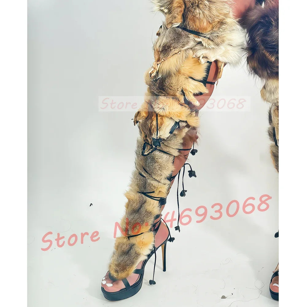 Real Fur Wrap Cross Tied Platform Sandals Women Luxury Open Toe Furry High Heels Long Shoes Ladies Sexy Colored Puttee Sandals