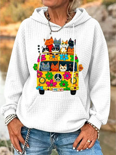 ilstile Women's Hippie Qute Cat Flower Print Hoodies Autumn Outdoor Sports Long Sleeve Casual Loose Round Neck Hooded Hoodies
