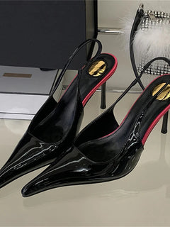 Eilyken Spring Fashion Sexy Thin Heels Pointed Toe Pumps Women Mule Shoes Elegant Patent Leather Banquet Striptease Sandals