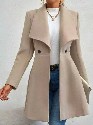 Women's Autumn Winter Yellow Woolen Coat Elegant Lapel Double Button Slim Fit Mid-Length Overcoat Casual Long Sleeve Outerwear F