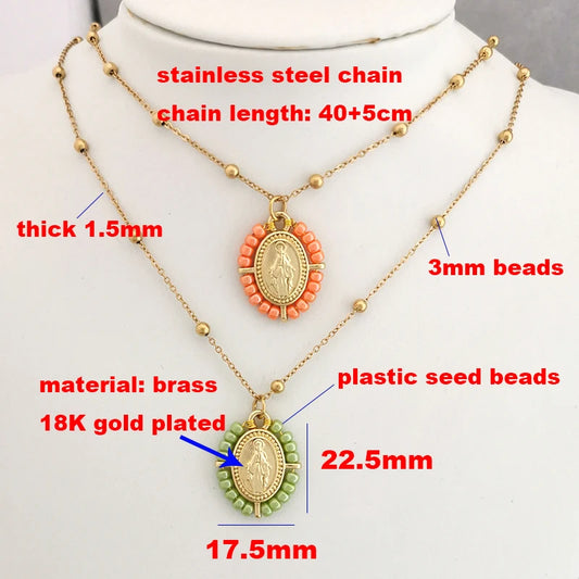 QMHJE Collana con ciondolo Vergine Maria Collana da donna con croce Girocollo Perline Catena in acciaio inossidabile Colore oro Boho Bianco Nero Rosa