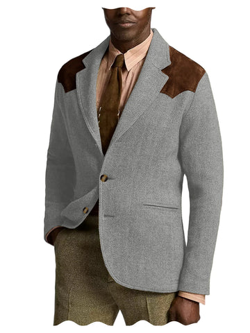 Herringbone Tweed Men's Blazer Jacket Wool Blend Suede Patch Shoulder Men's Sport Coat Business Casual Slim Fit For Oktoberfest