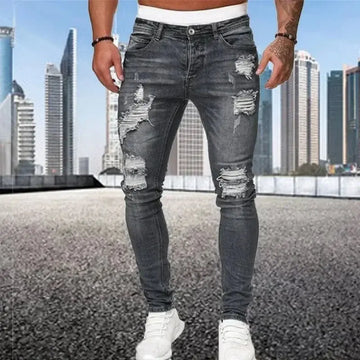 2024 New Retro Ripped Pencil Small Foot Skinny Jeans for Men Motorcycle Streetwear Stretch Straight Casual Slim Jeans Male PlatiNum