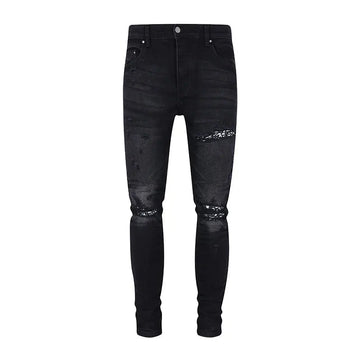 Designer street fashion men's jeans washed, elastic, slim fit, perforated, cashew flower patch, black denim high street pants, h PlatiNum