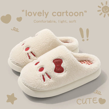 Cute Cat Winter Warm Slippers Women Men Fluffy Plush Home Shoes Red Bowknot Plaid Lining Indoor Bedroom Cotton Slides Mules New