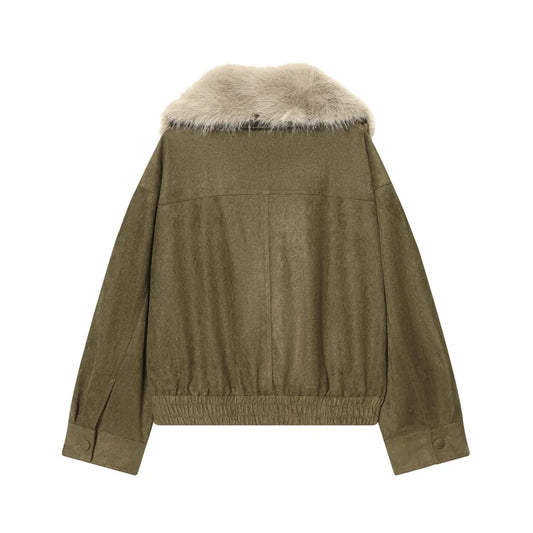 Women's Jacket 2025 Winter New Style Olive Green Long-Sleeve Faux Fur Suede Texture Loose Fit Jacket Casual Fashion Versatile