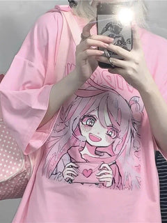 Primavera estate nuova versione coreana Harajuku Pink Cute Anime Cartoon Girl stampa t-shirt a maniche corte allentata studentessa superiore