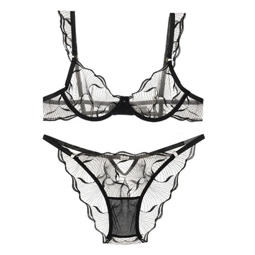 Elegant Women Flower Embroidery Mesh Lingerie Set Adjustable Straps Underwire Bra Panty Transparent Intimates