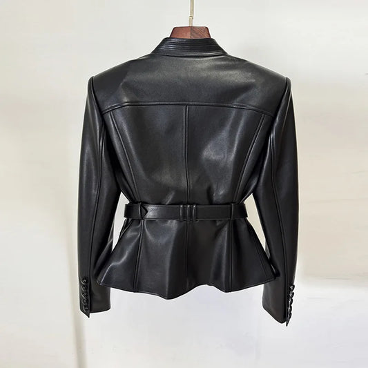 2025 Early Autumn New Fashion Belted Slim Fit Leather Jacket Coat