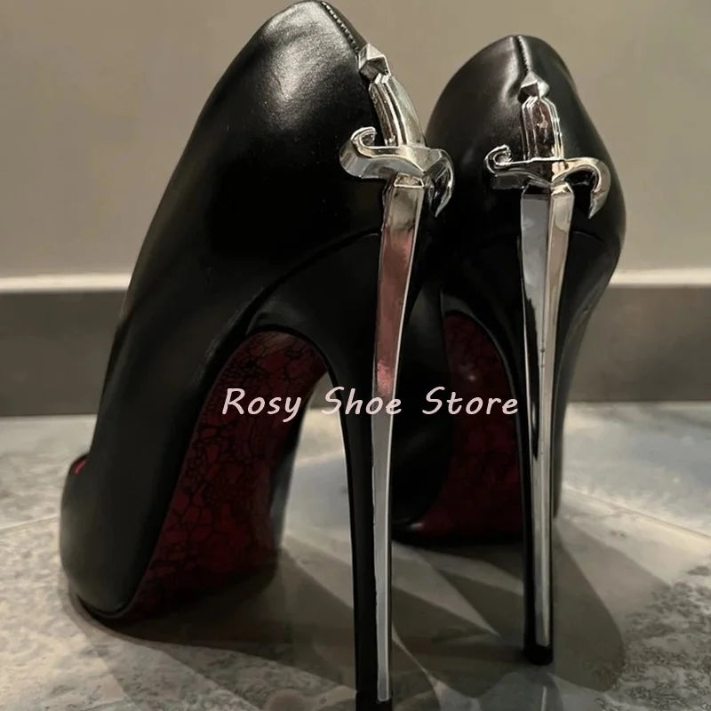 Black Suede Point Toe Strange Style Scepter-Shaped Heel Pumps Gold Silver Metal Fastener Heel Decor Pumps Nightclub Dancing Shoe