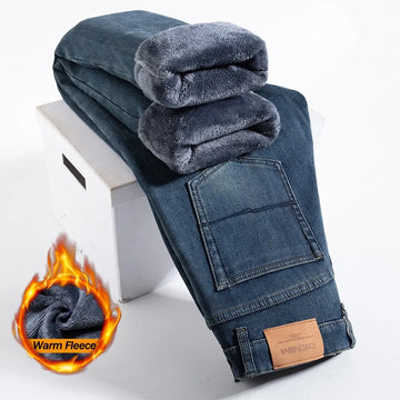 Men's Fleece Warm Jeans Winter New Vintage Washed Denim Pants Loose Straight Thick Business Work Thermal Casual Trousers