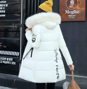 Women Winter Fur Collar Hooded Parka Coats Fashion Letter Patch Zipper Long Jacket Elegant Slim Warm Thick Female Snow Outerwear