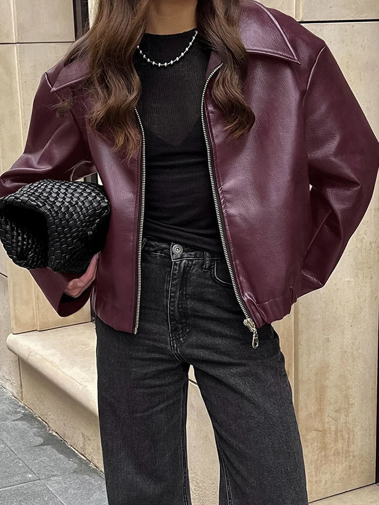 2025 New Fashion PU Leater Loose Jacket Women Autumn Lapel Zipper Long Sleeve Outerwears Streetwear Burgundy Female Bomber Coats