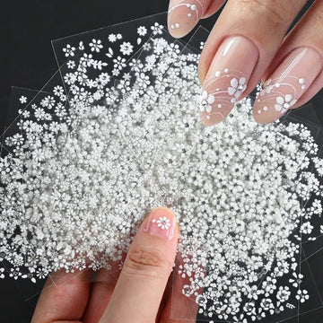 30sheets White Flower Nail Art Stickers 3D Rhinestones Floral Nail Decals 5.5*6.5cm Self Adhesive White Flower Nail Decorations
