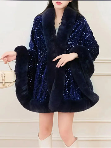 ZADORIN Fashion Sequins Long Furry Warm Faux Fur Coat Woman Autumn Winter Fur Cape Ponch Wedding Party Fur Shawl Cloak Cardigans