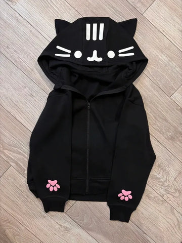 Cute 3D Cat Ear Zip Hoodie Kawaii Cartoon Pink Paw Cat Face Women Hoodies Y2K New Fashion Sweet Streetwear Unisex Loose Clothing