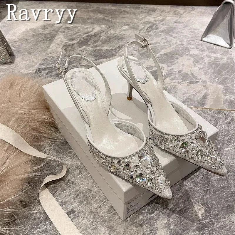 Pointed Toe Lace Crystal Women Pumps New Wedding High Heel Shoes Luxury Design Sexy Bride Party Stiletto Sandals