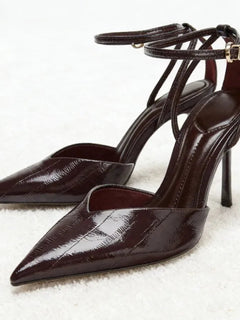 Designer Burgundy Red Ankle Strap Pumps Women Sexy Pointed-Toe Patent Leather High Heels for Ladies Elegant Party Dress Shoes