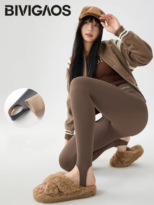 BIVIGAOS Autumn Winter Thick Foot Pants Sharkskin Leggings Women's Rabbit Fleece Warm Leggings High Waist Elastic Non Trace Yoga