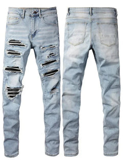High Street Jeans Patch Hand-worn Holes Slim Skinny Jeans for Men