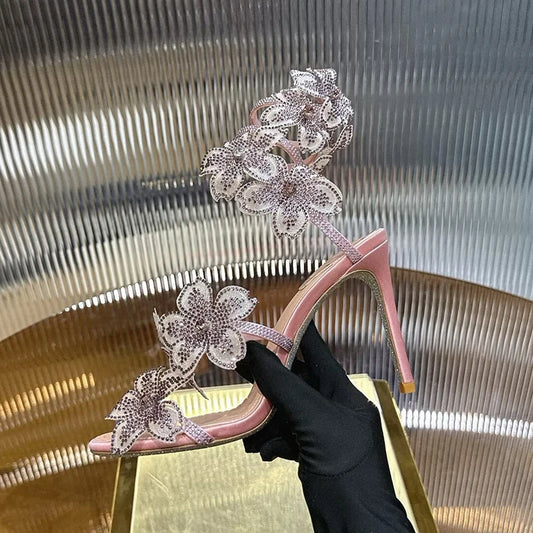 Sandalias Women Rhinestone Flower Decor Dress Shoes Snake Shaped Elastic Strap Thin High Heels Sandals Summer Bridesmaid Shoes